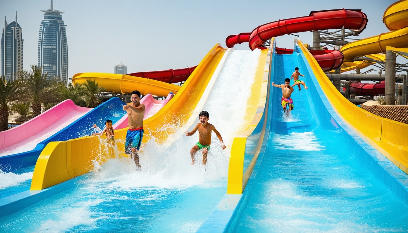 Families enjoying water slides at a Dubai water park