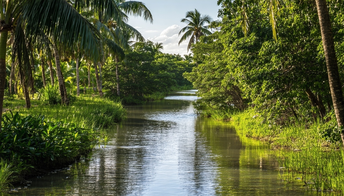 A serene lazy river surrounded by palm trees