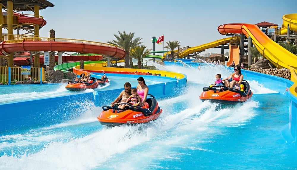 Families enjoying attractions at a Dubai water park Families enjoying attractions at a Dubai water park