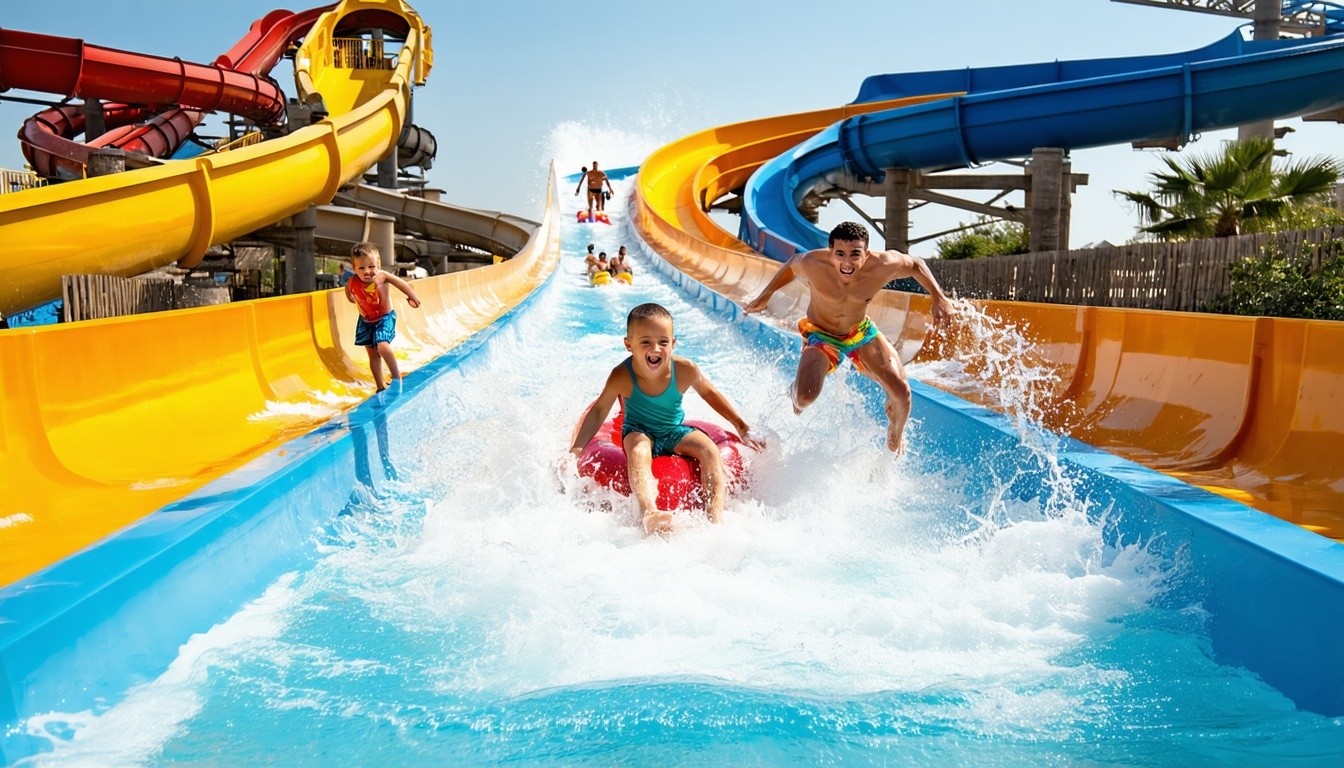 Families enjoying water slides at a Dubai water park