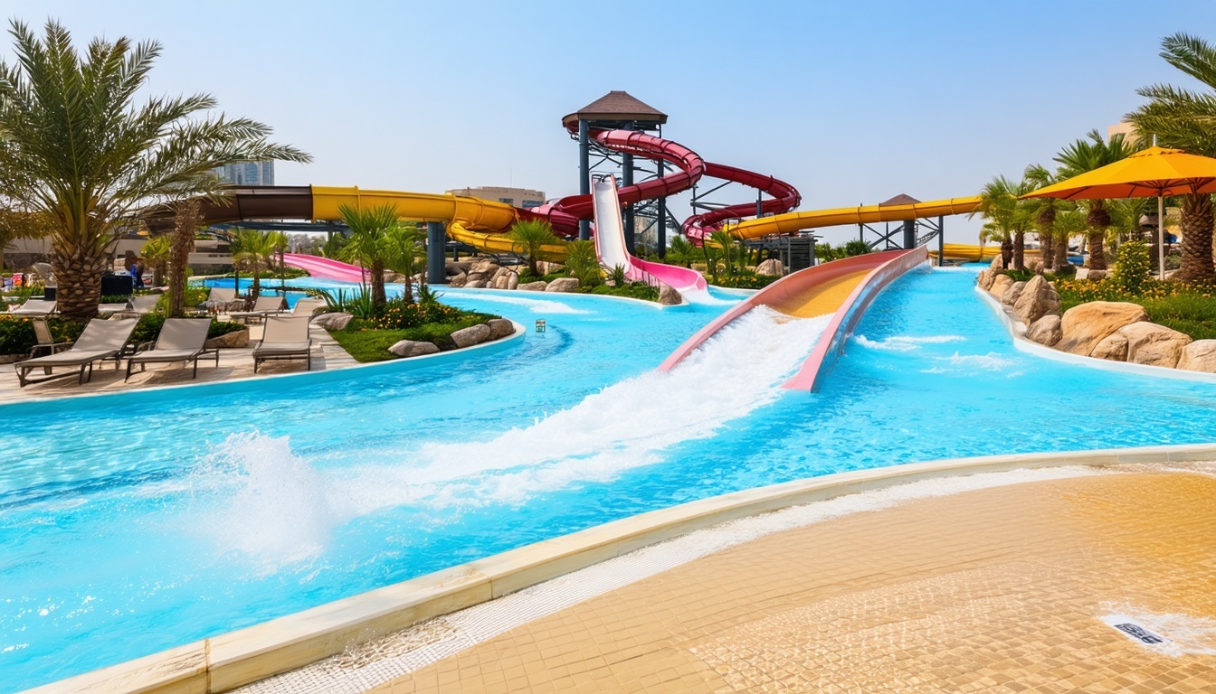 Relaxation areas and amenities at a Dubai water park